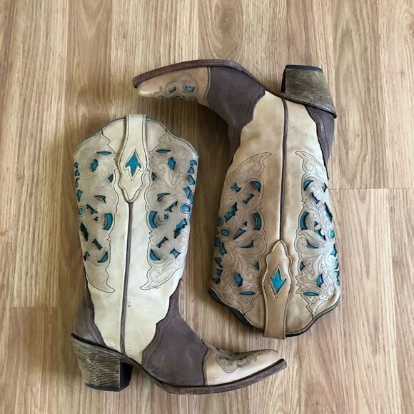 CORRAL VINTAGE Brown/Turquoise Laser Tool Leather C1620 - Picture 9 of 16